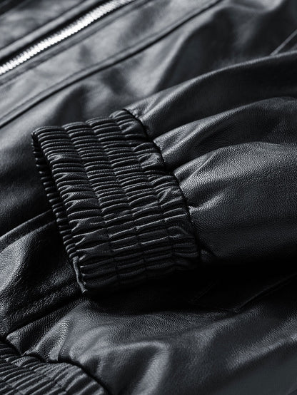 Classic Black Leather Bomber Jacket
