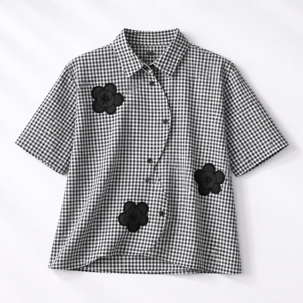 Floral Gingham Button-Up Blouse