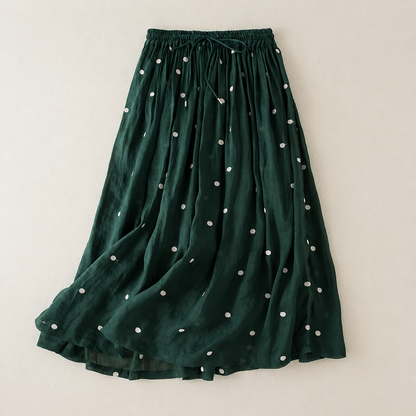 Aveline Cotton Linen Polka Dot Midi Skirt