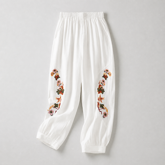 Celine Cotton Linen Embroidered Pants
