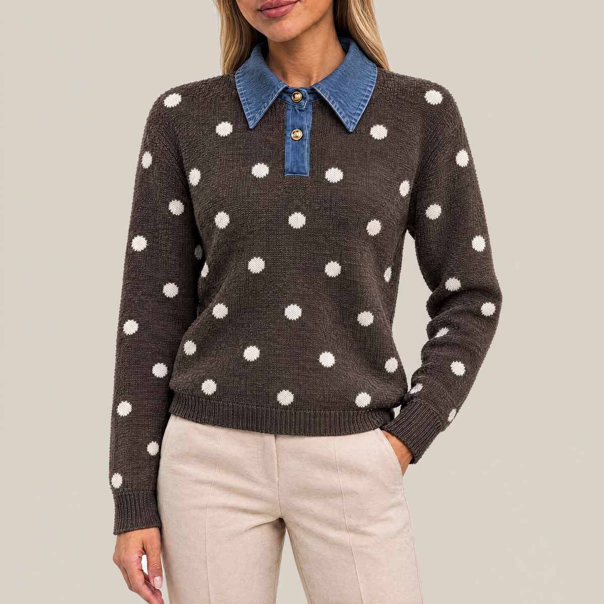Lila Polka Dot Knit Polo Sweater