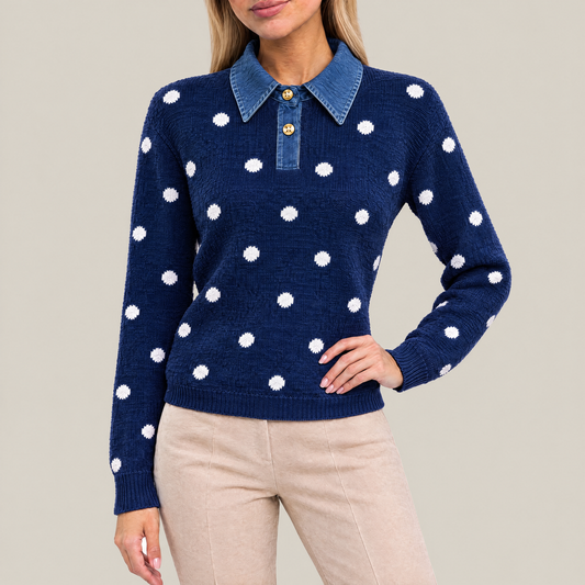 Lila Polka Dot Knit Polo Sweater