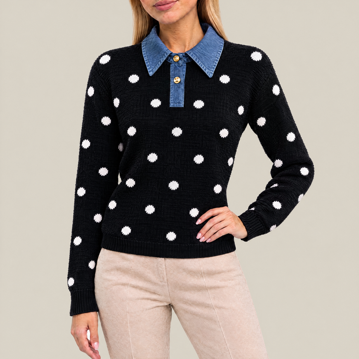 Lila Polka Dot Knit Polo Sweater