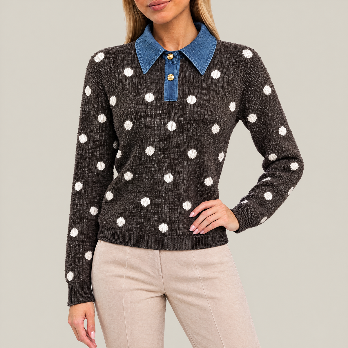 Lila Polka Dot Knit Polo Sweater