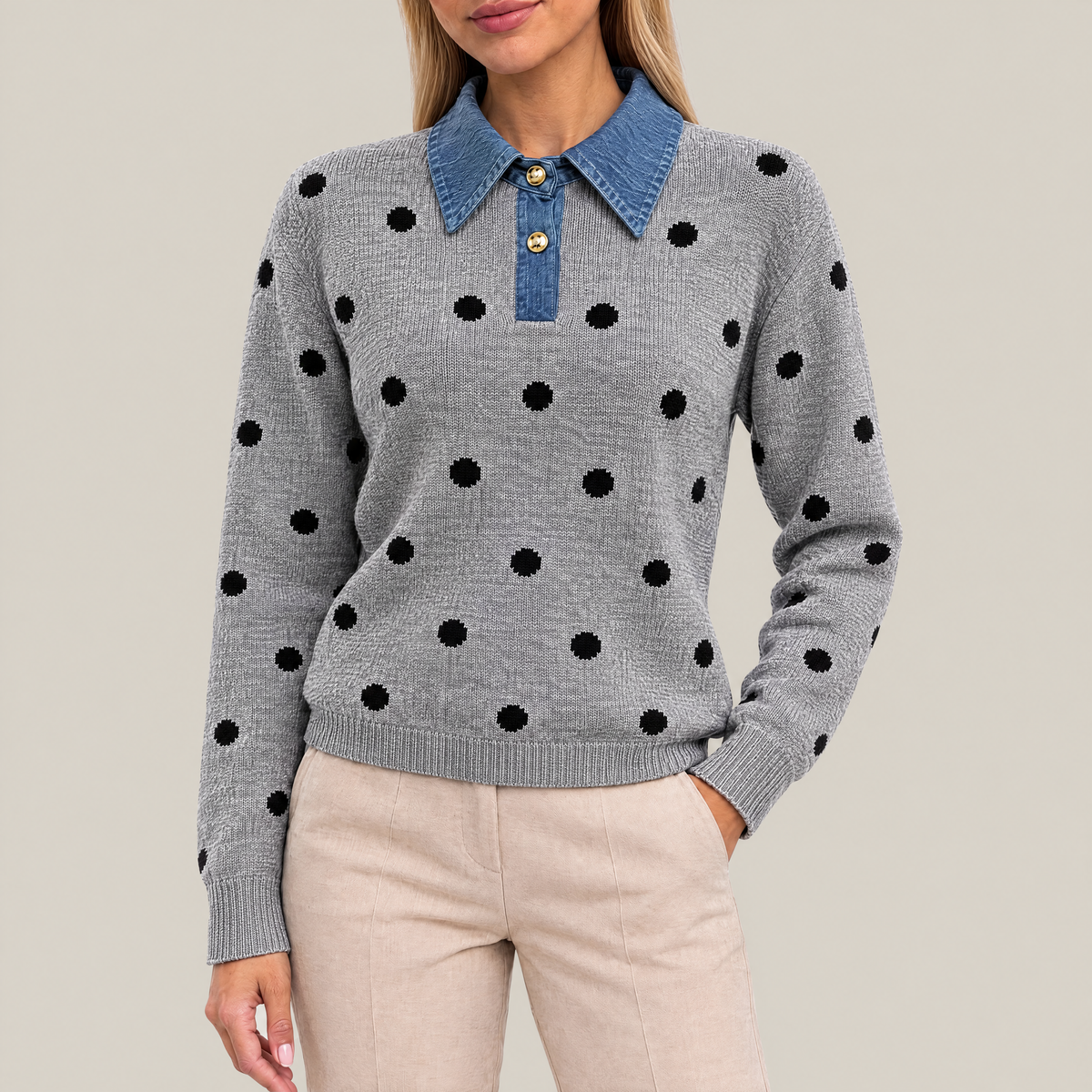 Lila Polka Dot Knit Polo Sweater