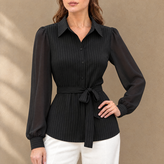 Lena Pinstripe Belted Blouse