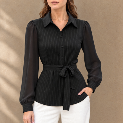 Lena Pinstripe Belted Blouse