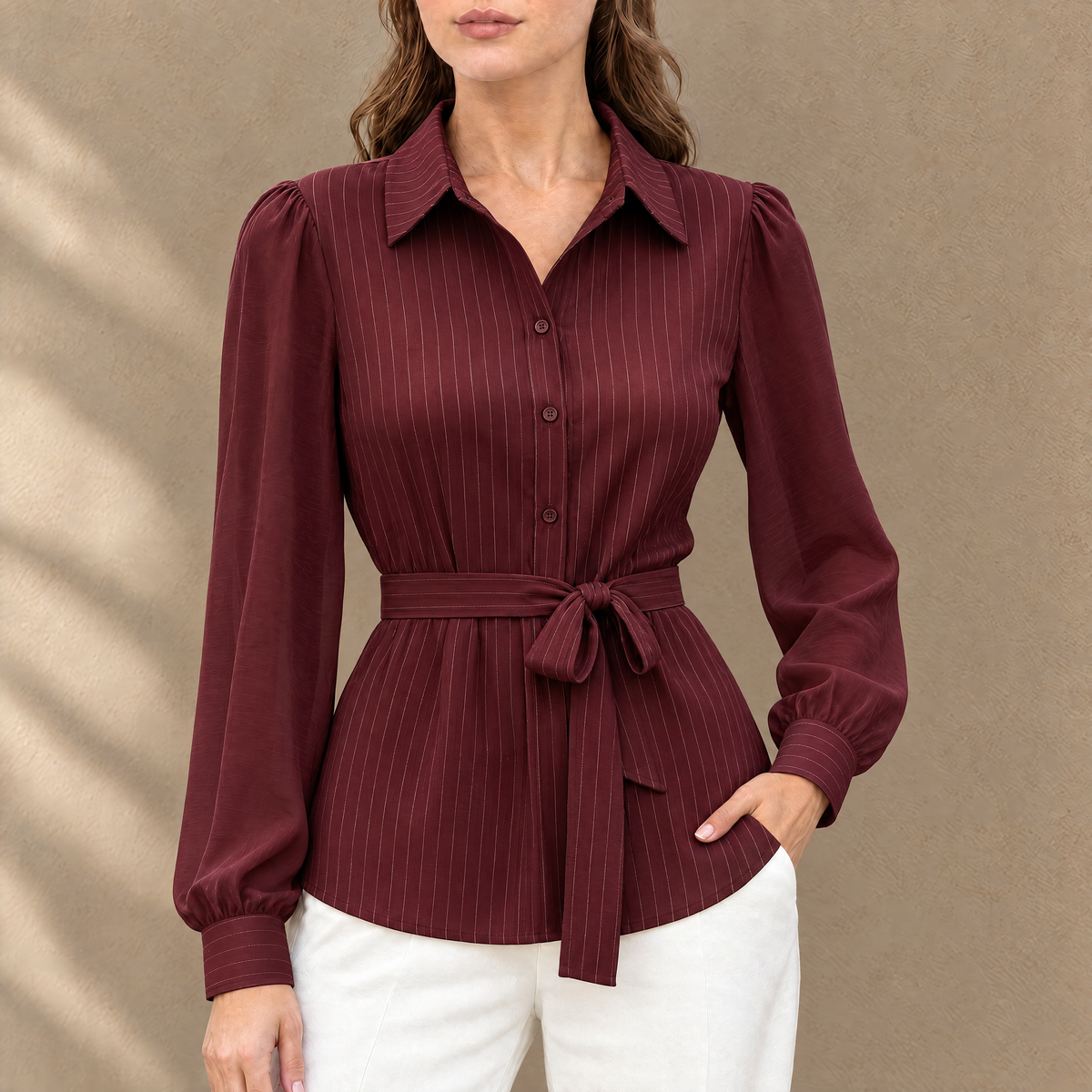 Lena Pinstripe Belted Blouse